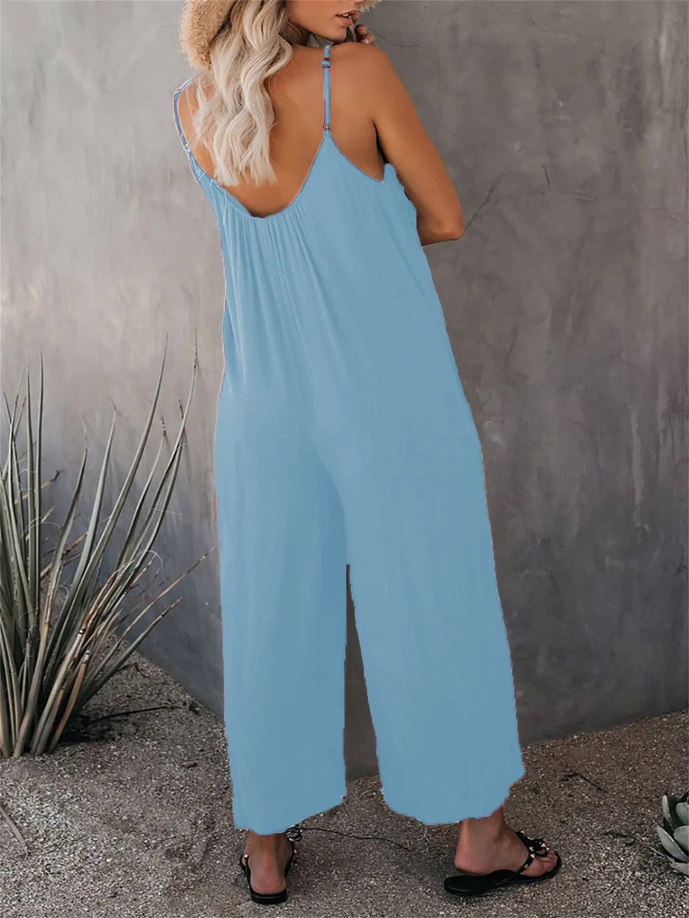 Women's Summer Strap Jumpsuit with Solid Color Design and Convenient Side Pockets Casual Lightweight Romper