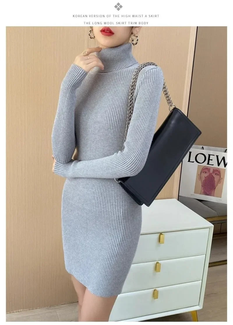 Korean Turtleneck Sweater Dress Bodycon Knit For Office