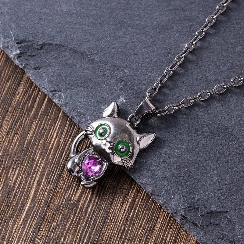 Cartoon Black Cat Pendant Necklace with Purple Heart Crystal for Women and Men Jewelry Accessory