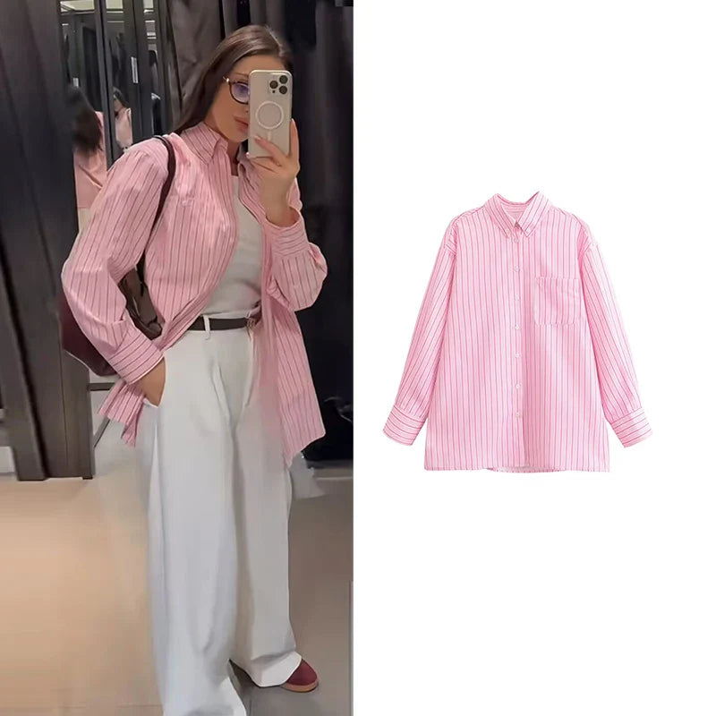 Chic Pink Striped Loose Fit Long Sleeve Blouse for Women Elegant Casual Street Style Shirt