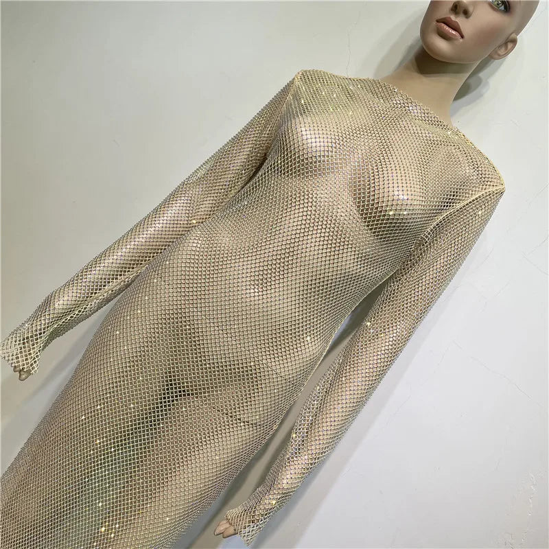 Rhinestone See Through Club Dress With Fishnet Details