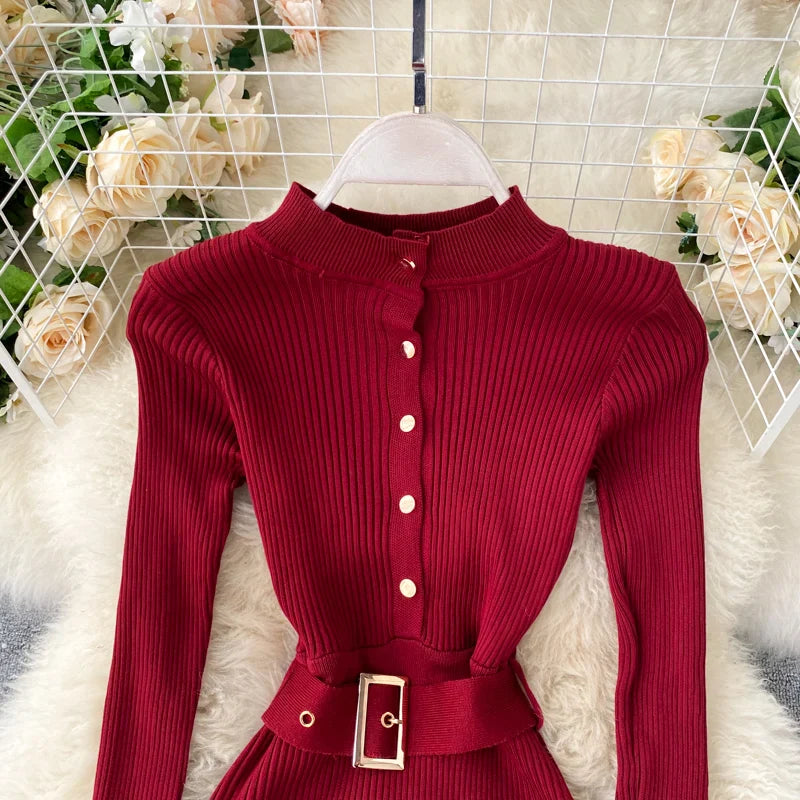 Womens Winter Knitted Dress Stand Collar With Sash Belt