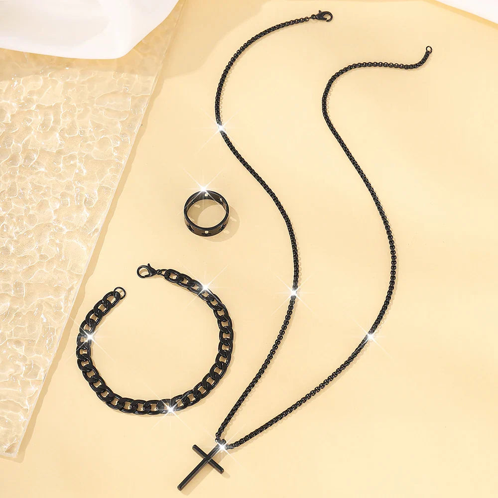 Men's Hip Hop Stainless Steel Cross Pendant Necklace Bracelet Ring Set