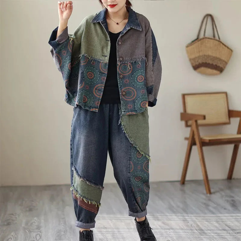 Womens Vintage Denim Two Piece Set with Printed Jacket and Casual Jeans