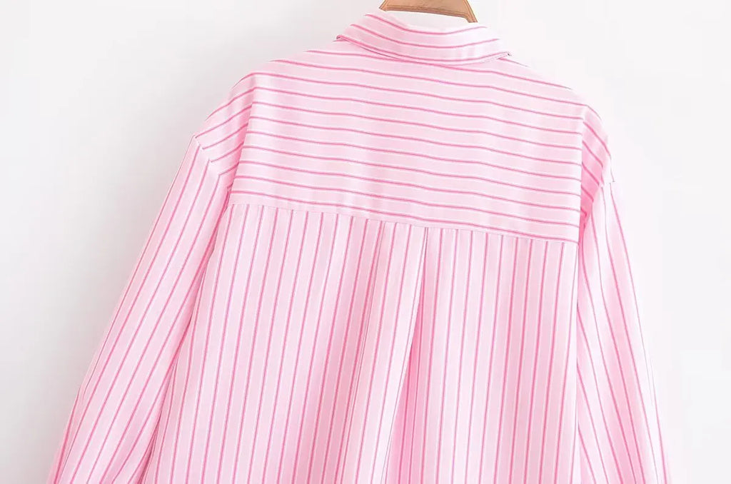 Chic Pink Striped Loose Fit Long Sleeve Blouse for Women Elegant Casual Street Style Shirt