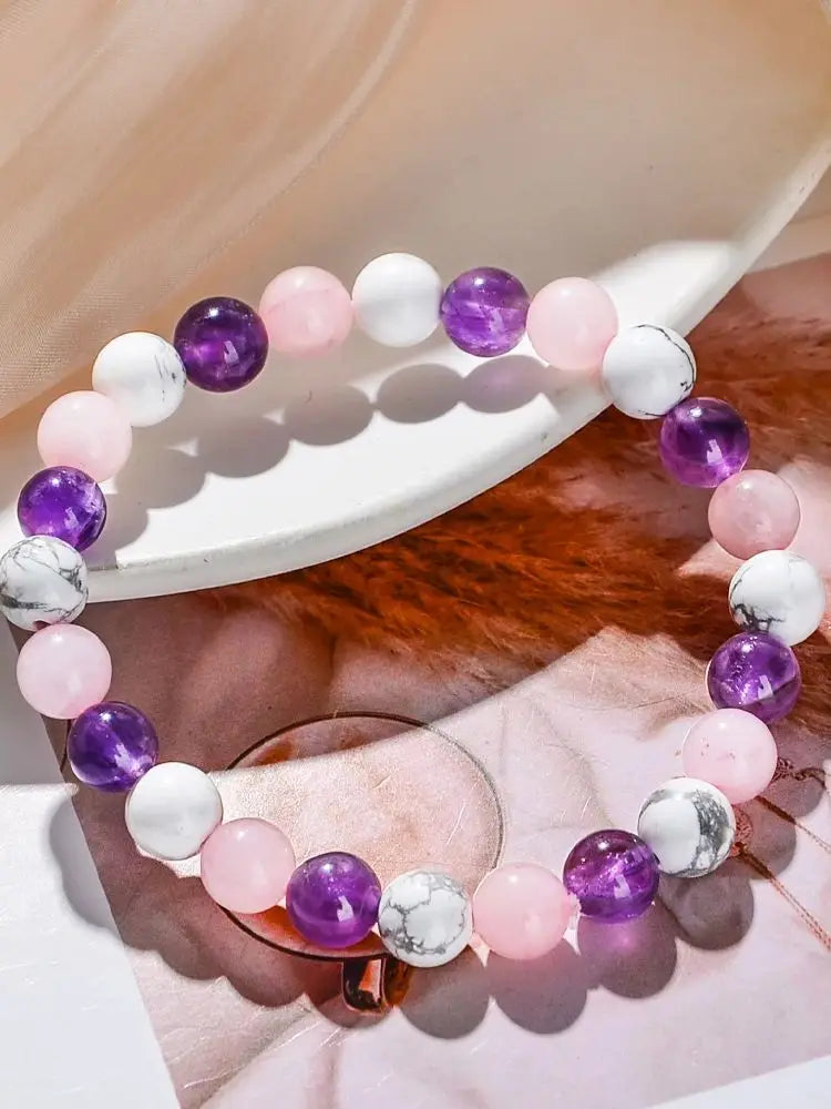 Fashionable Aura Balancing Sleep Bracelet with Natural Stones - White Turquoise, Amethyst and Rose Quartz 8mm