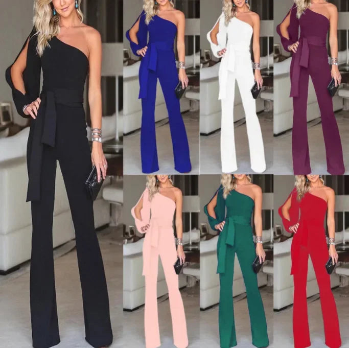 Women's High Waist Tie-Up Slim Fit Solid Color Jumpsuit with Slant Shoulder Elegant Design for Banquet and Evening Wear