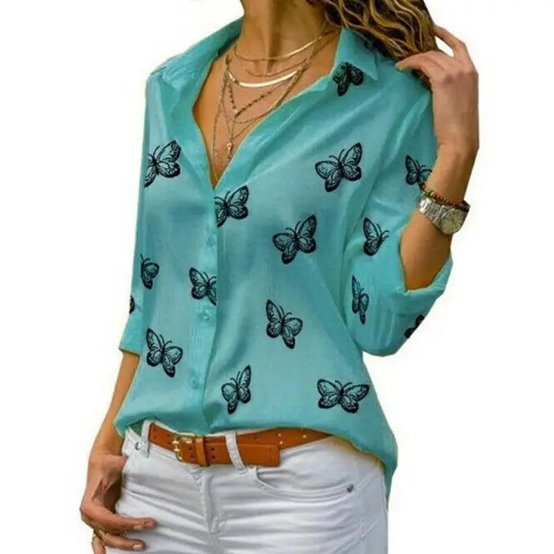 Elegant Women Butterfly Print Loose Fit Long Sleeve Blouse with Turn Down Collar Casual Oversized Office Shirt for Spring and Autumn
