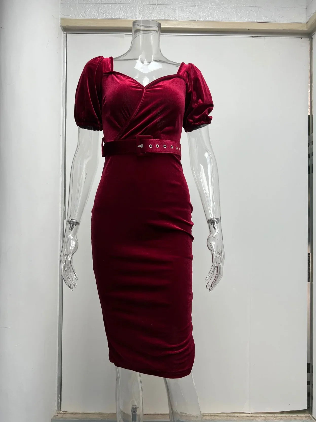 Velvet Wrapped Dress With Low Neck Bubble Sleeves Chic