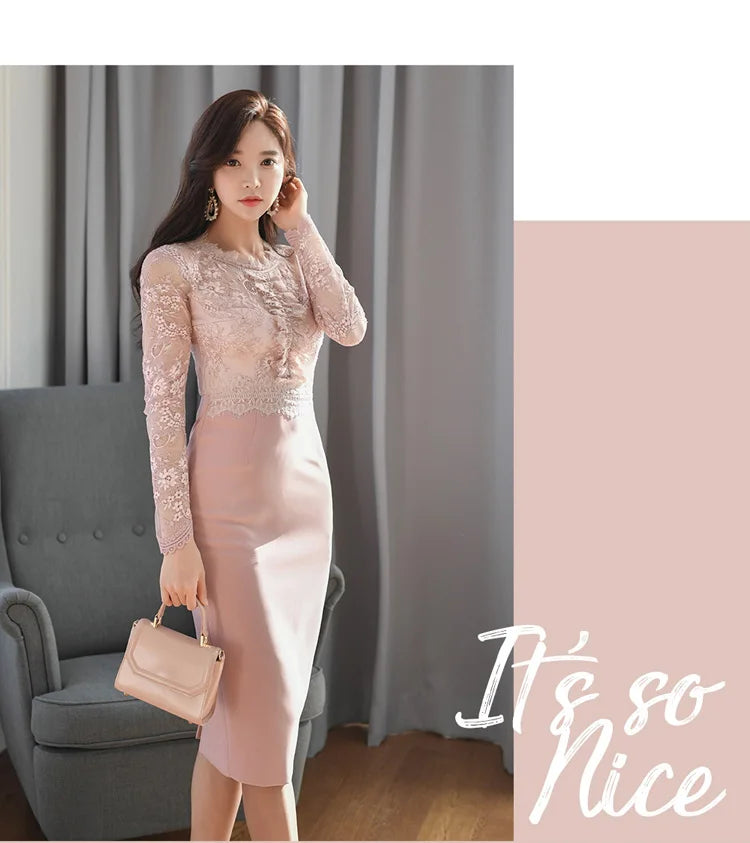 Korean Lace Bodycon Dress Women Office Sheath Pencil