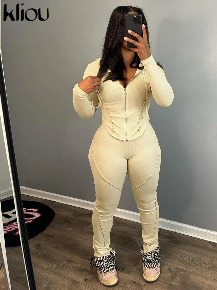 Casual Sporty 2 Piece Activewear Set for Women with Irregular Full Sleeve Zip-Up Hoodie and Slim Elastic Pants