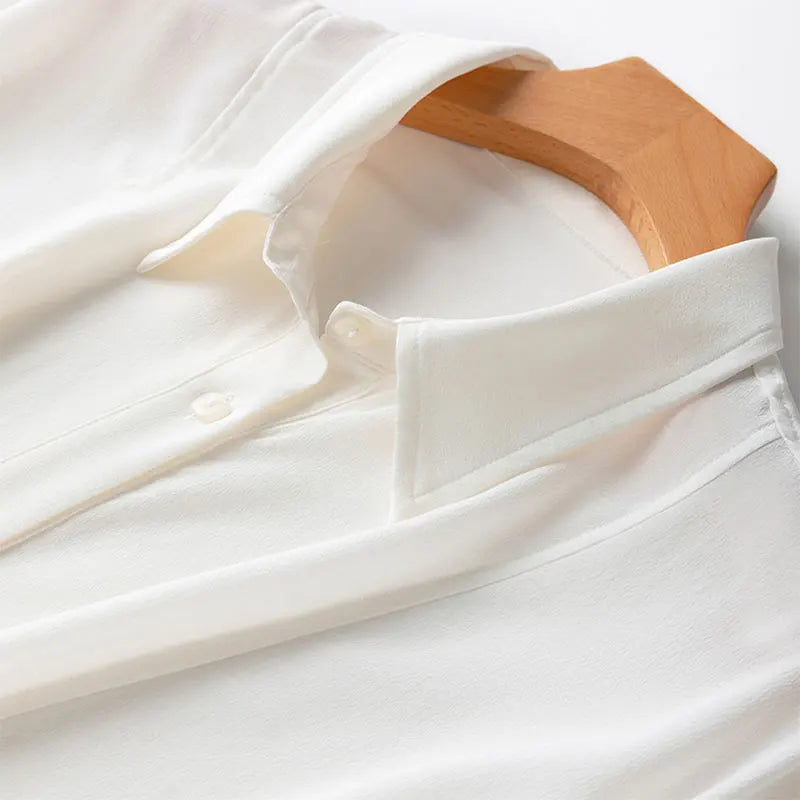 Women 100 Percent Mulberry Crepe Silk White Blouse Lantern Sleeves Bow-Tie Hem Loose Fit Office Top