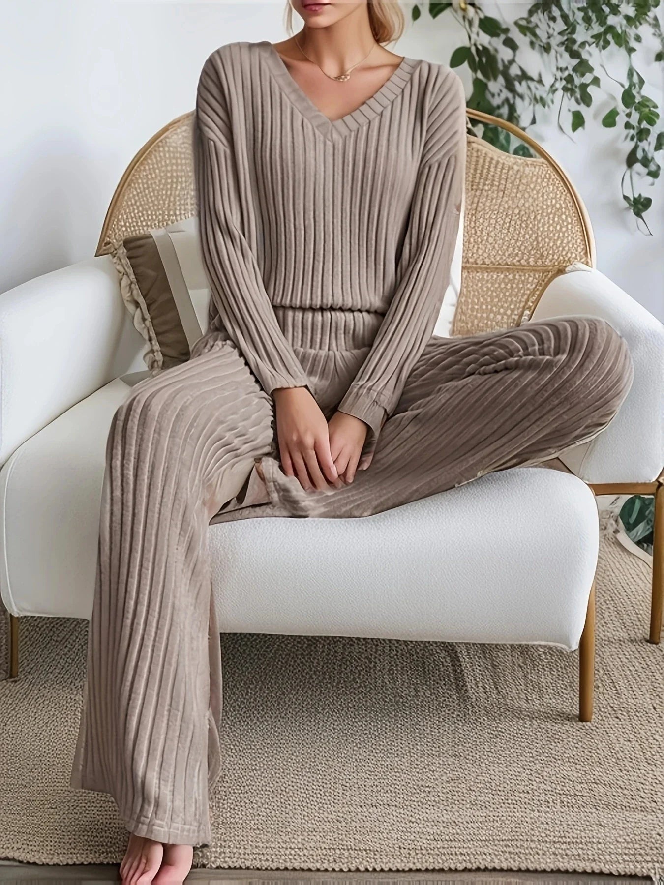 Autumn Winter Loose Casual V Neck Striped Knitted Two-Piece Set with Long Sleeve Top and Straight Tube Pants