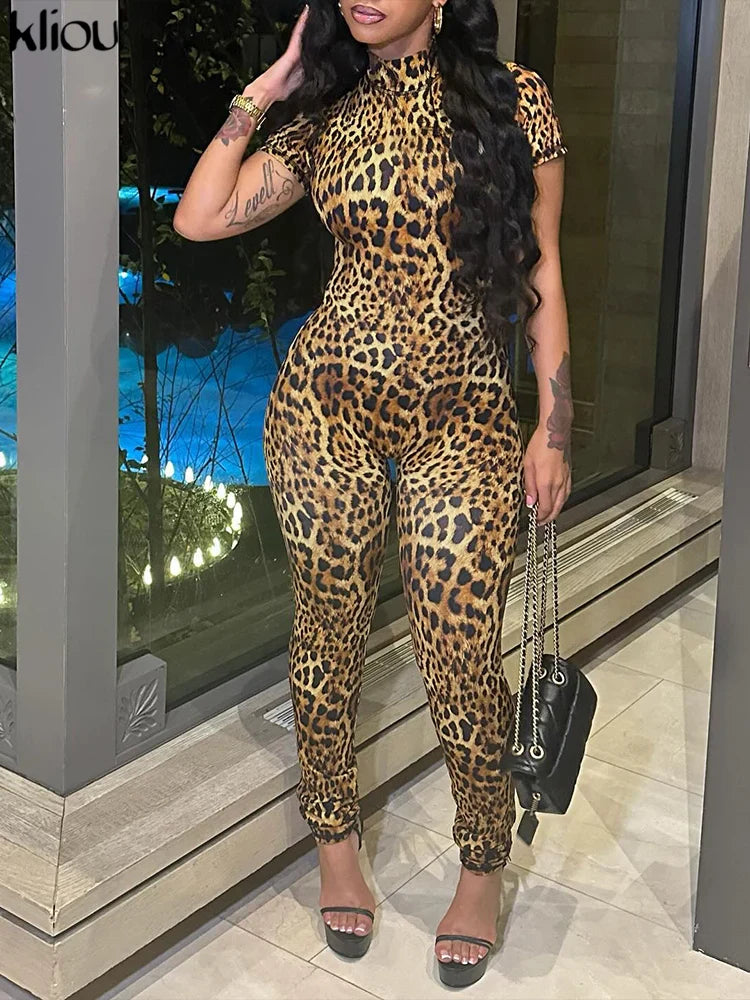Sexy Printed Slim Fit Jumpsuit with Back Hollow Detail Full Sleeve Stand Collar Overalls for Midnight Party and Clubwear