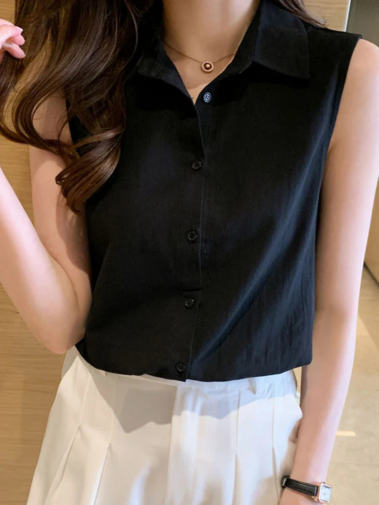 Sleeveless Turn-Down Collar Blouse for Women Elegant OL Style Workwear Shirt Lightweight Summer Top