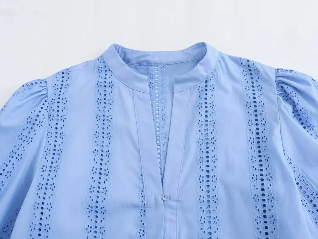 Loose Lace-Up White Shirt for Women Elegant Hollow Out Embroidered Puff Sleeve Cropped Top