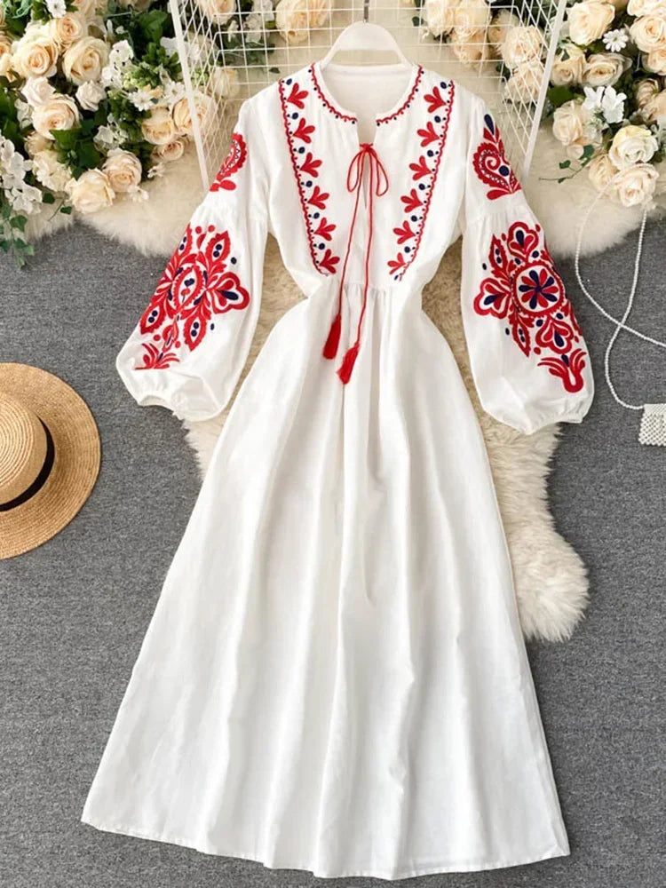 Bohemian Embroidered Floral Dress With Lantern Sleeve