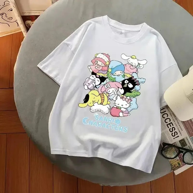 My Melody Oversized T-Shirt for Women Casual Streetwear O-Neck Short Sleeve Couple T-Shirts in Multicolor Plaid