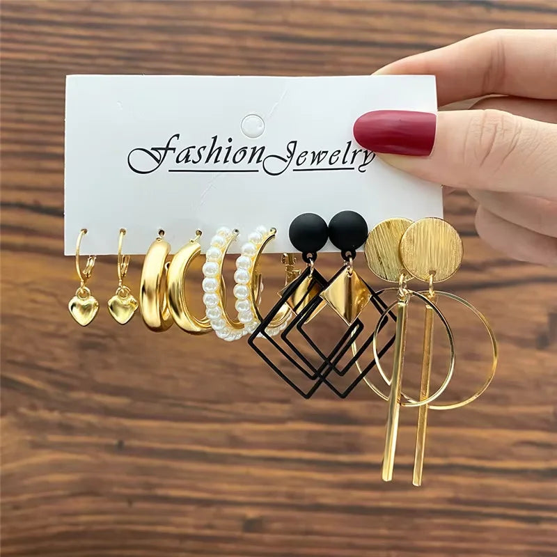 Fashion Geometric Hoop Earrings Set for Women Vintage Bohemian Pearl Gold Color Round Earrings Daily Wear Jewelry Gifts