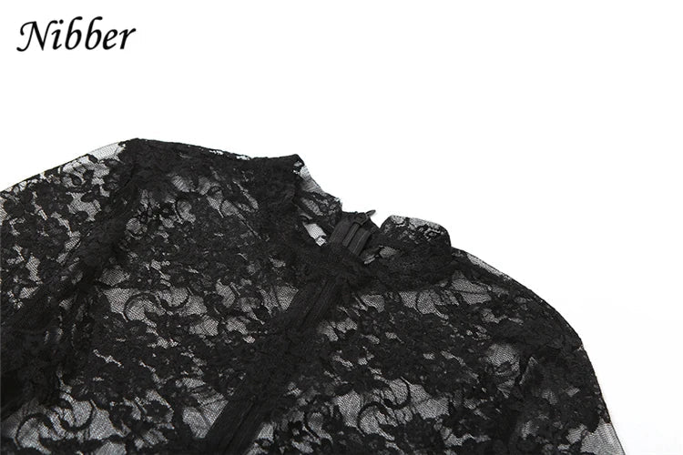 Nibber Lace Mesh Sexy Sheath Jumpsuit for Women Long Sleeve See-Through Skinny One Piece Overalls Midnight Coquette Design