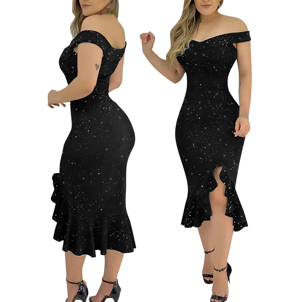 Sequin Off Shoulder Dress With Ruffle Irregular Evening Gown