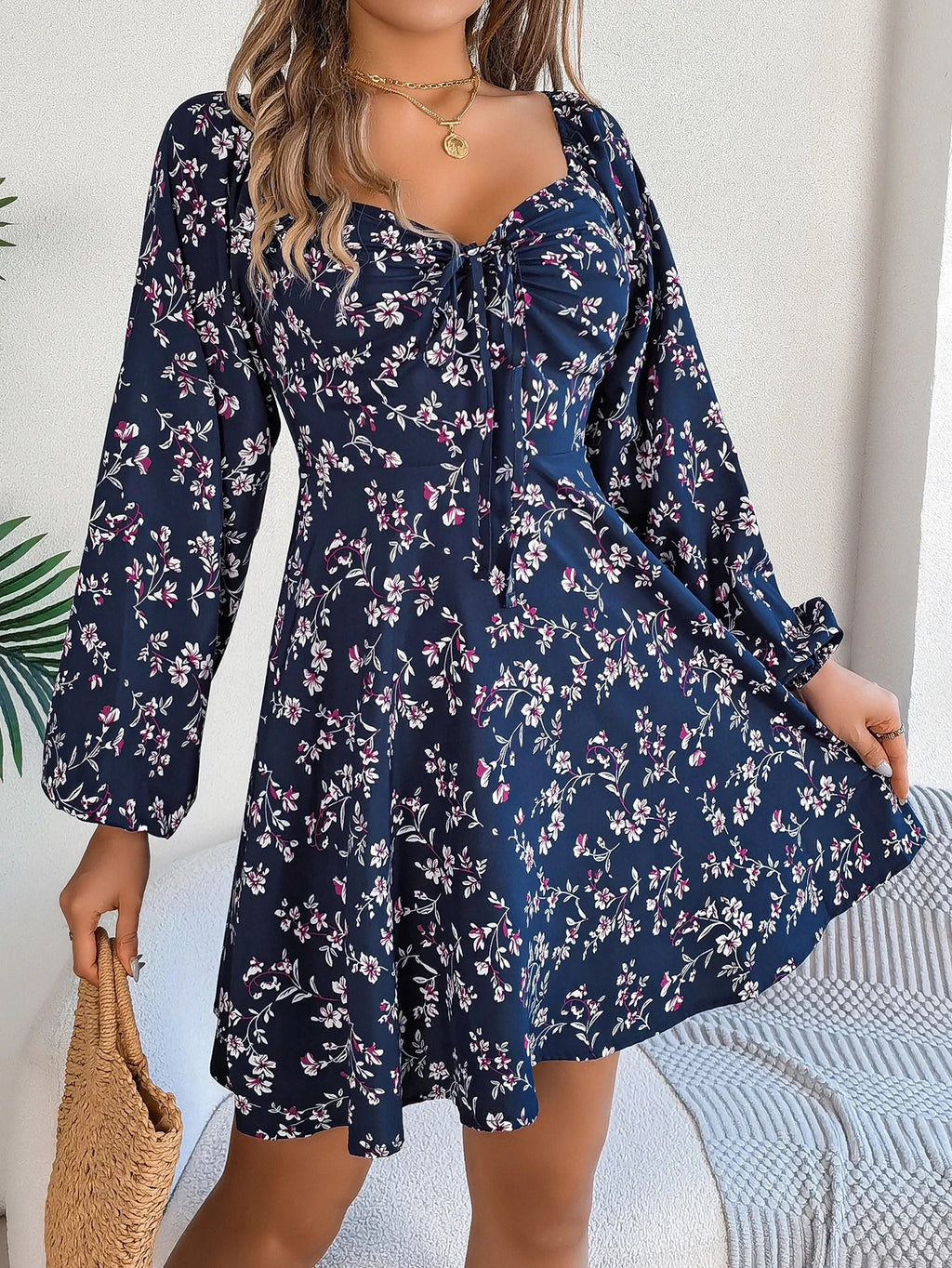 Floral Print Square Neck Dress With Long Sleeve Lace Up