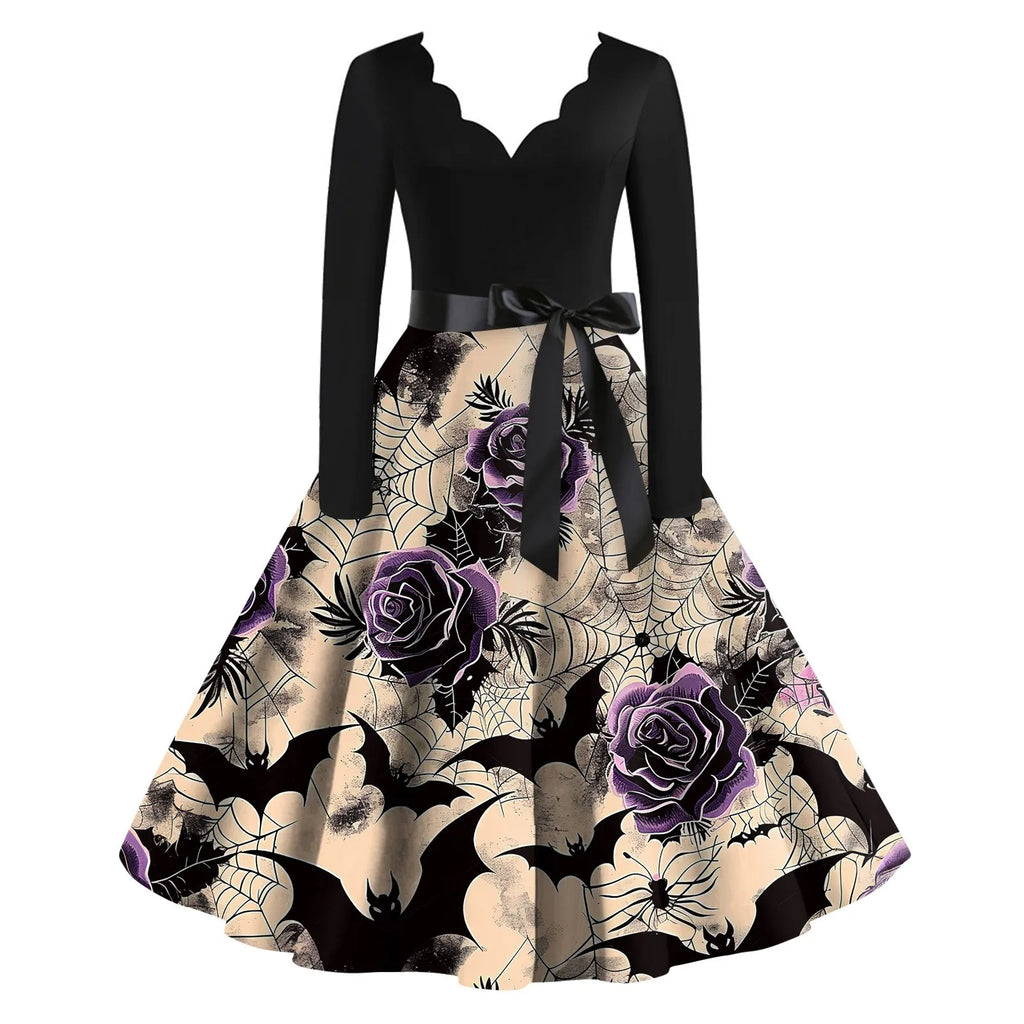 Halloween Printed V Neck Vintage Casual Dress for Women