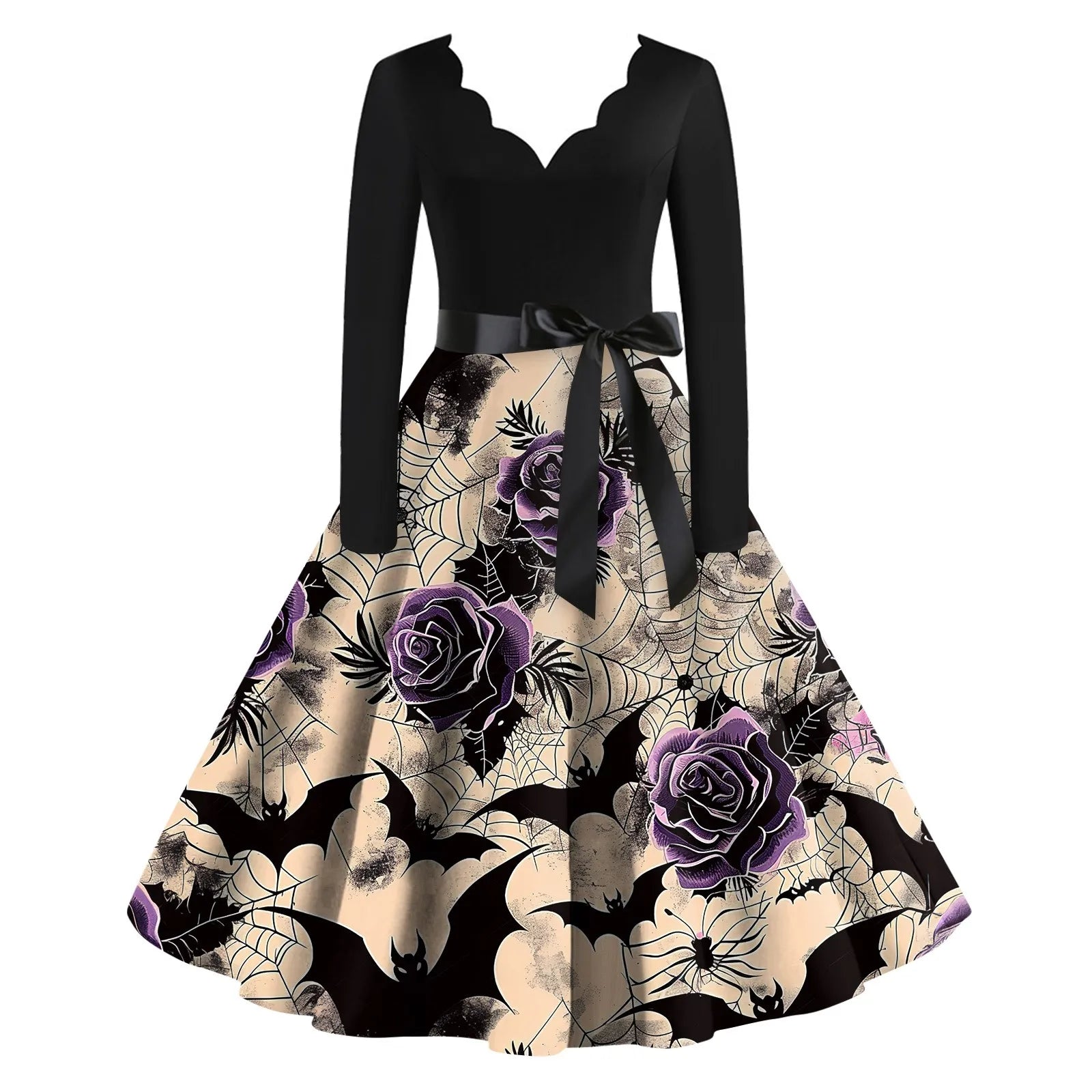 Halloween Printed V Neck Vintage Casual Dress for Women