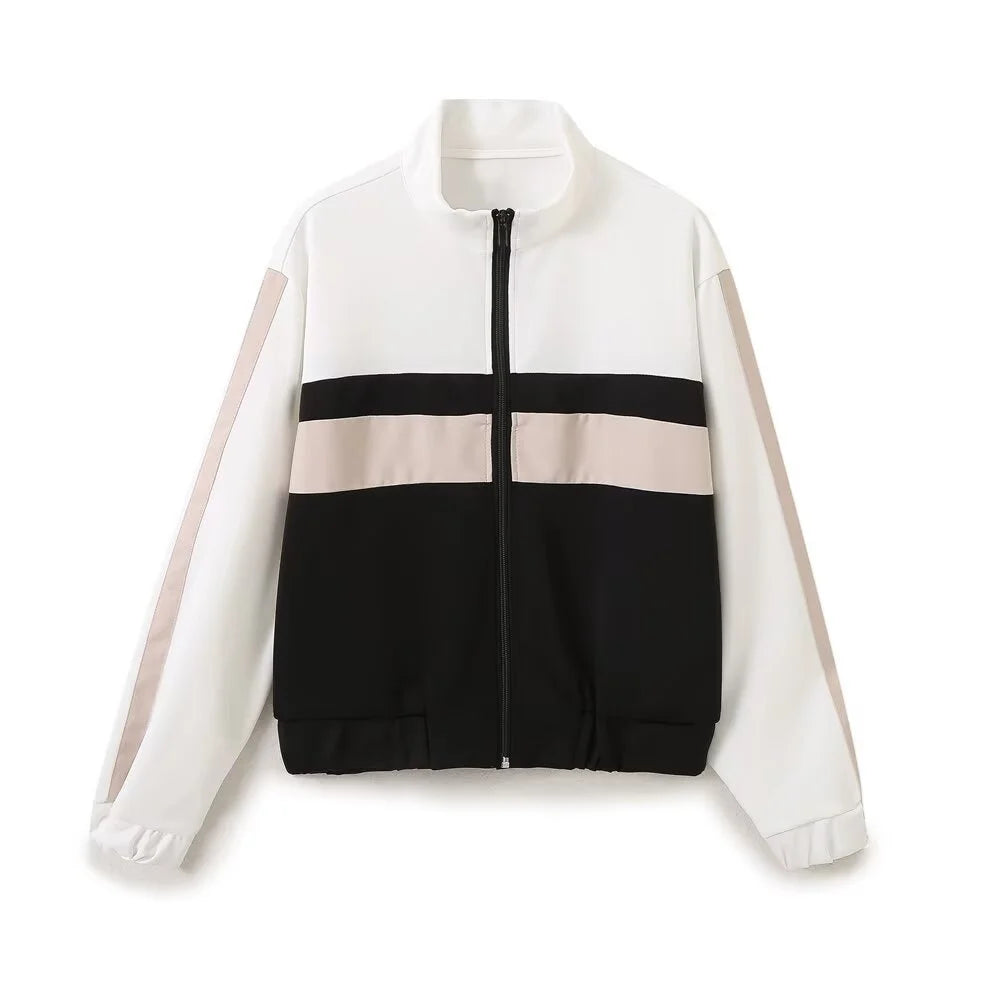 Women's Fashion Casual Zipper Pilot Jacket and High Waist Wide Leg Pants Set with Side Stripes