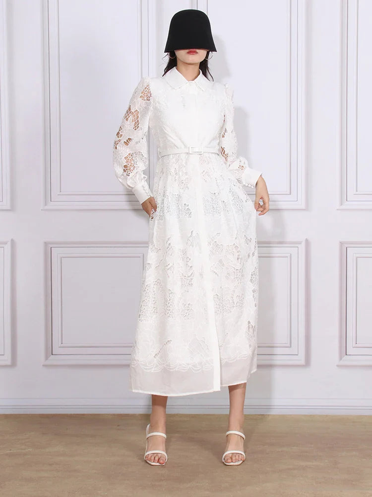 Patchwork Lace Hollow Dress Belted Lantern Sleeve For Women