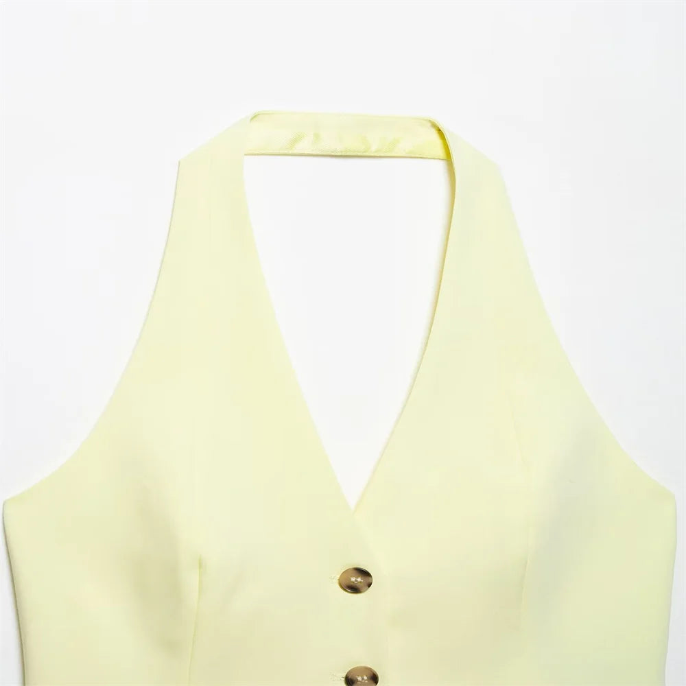 Womens Light Yellow Suit Set Halter Vest with Gold Buttons and Pleated Wide Leg Pants Stylish Ensemble