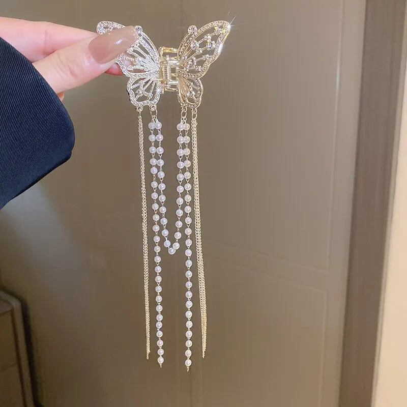 Butterfly Hair Clip With Long Tassel And Imitation Pearl Rhinestone For Elegant Women's Hair Accessories
