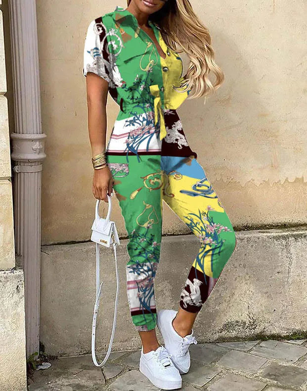 Summer Casual Women's Jumpsuit with Lapel Collar Printed Waistband and Stylish Buckle Detail