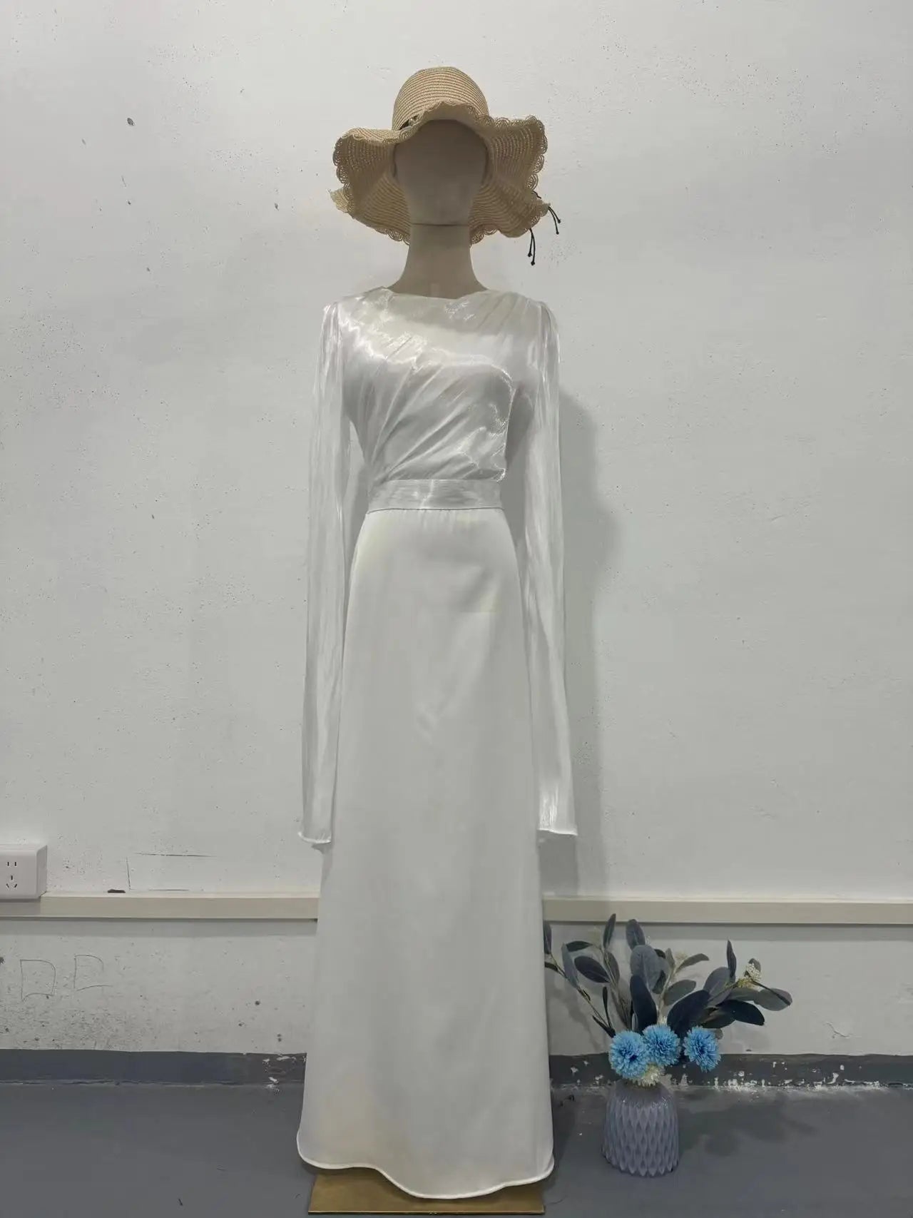 Summer Satin Long Sleeve Evening Gown Dress Slim Fit