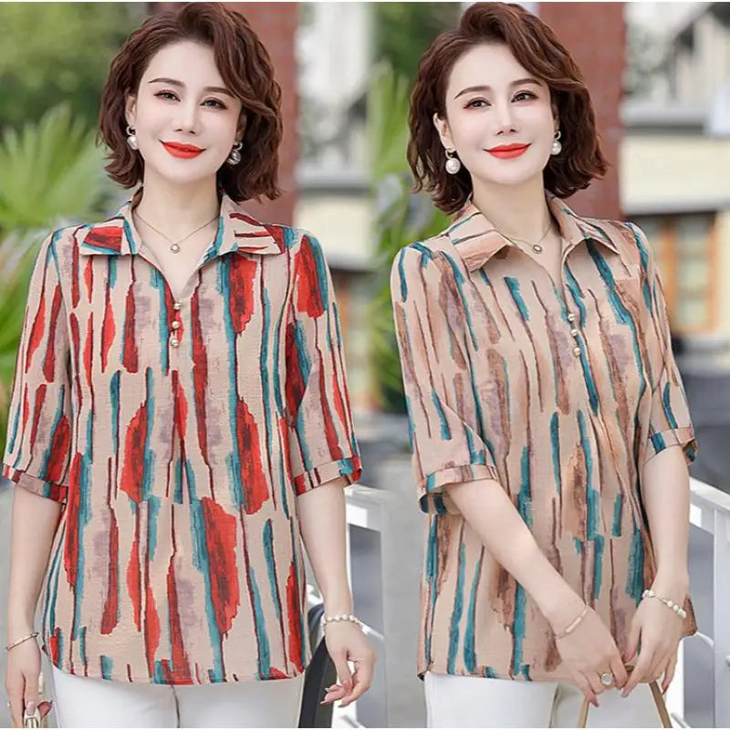 Summer Women's Floral Print Chiffon Pullover Shirt with Square Collar Half Sleeves Loose Elegant Button-Up Vacation Top