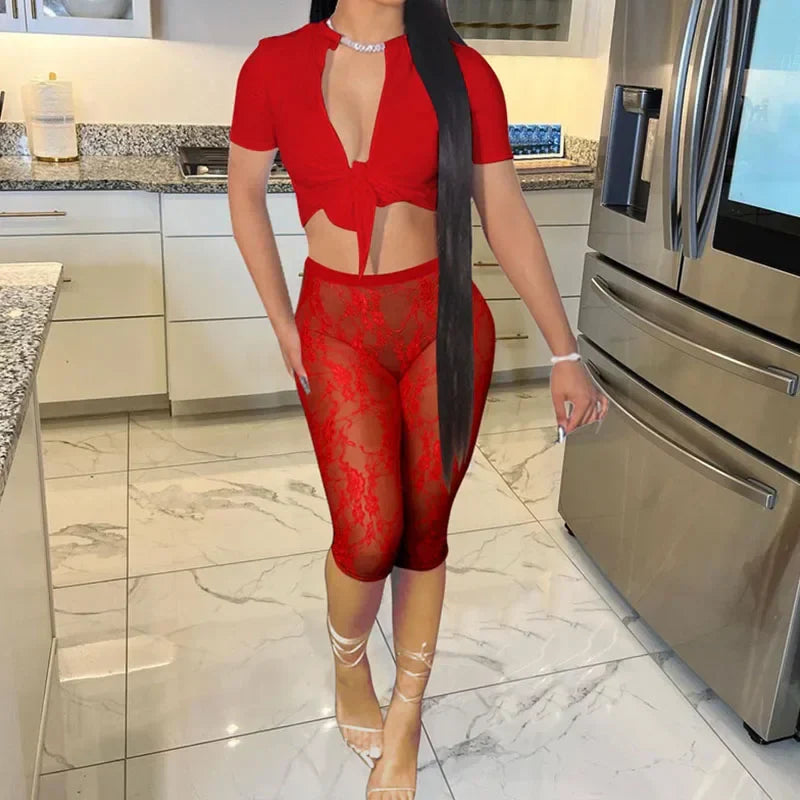 Sexy Lace Two Piece Set for Women with See-Through Crop Top and Knee Length Leggings Ideal for Party and Clubwear