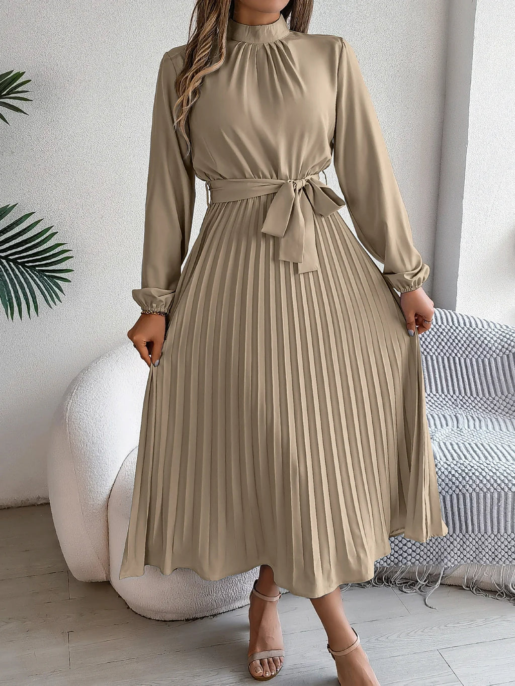 Elegant Pleated Lace Up Long Sleeve Maxi Dress For Spring
