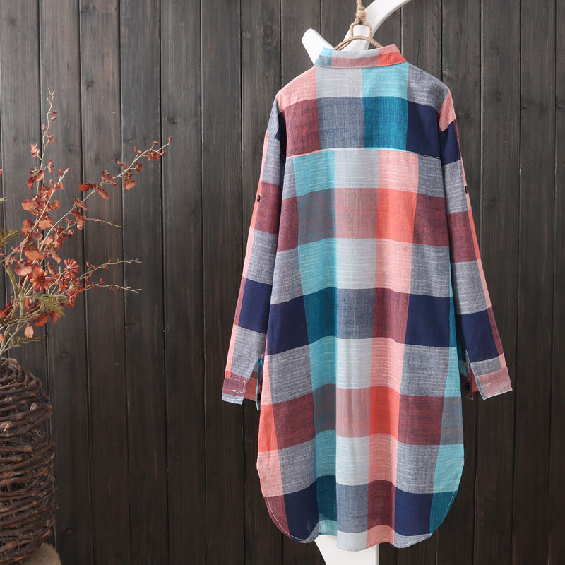 Casual Plaid Linen Cotton Long Sleeve Blouse Mid Length Loose Button Down Shirt for Women Autumn and Winter Fashion