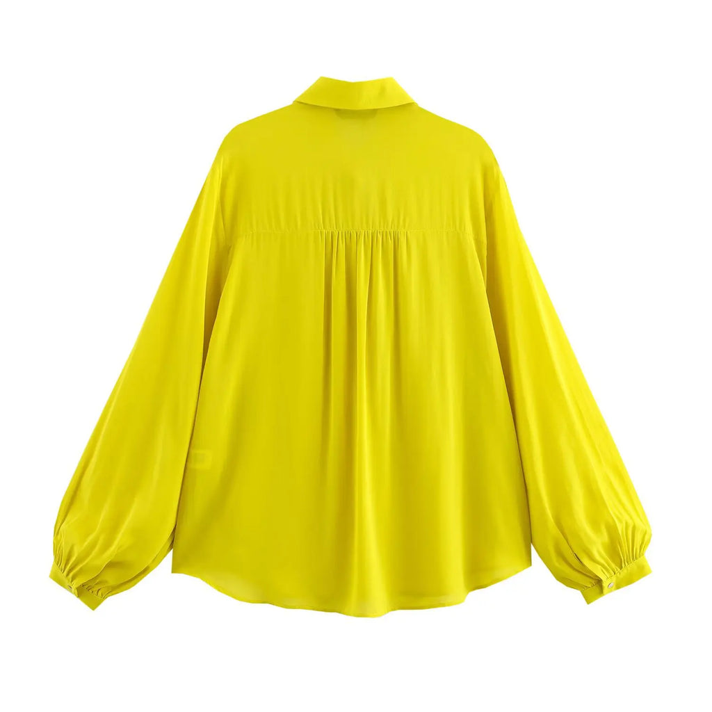 Women Bow Tie Loose Fit Shirt with Lapel Collar Long Sleeve Single-Breasted Solid Color Casual Patchwork Top Spring Summer Chic Blouse