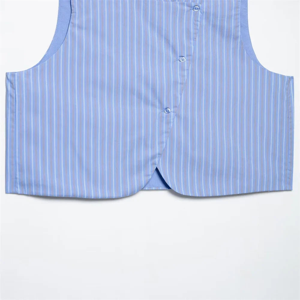 Womens Light Blue Pinstripe Suit Set with Sleeveless Asymmetric Vest and Wide Leg Pants for Stylish Office Attire