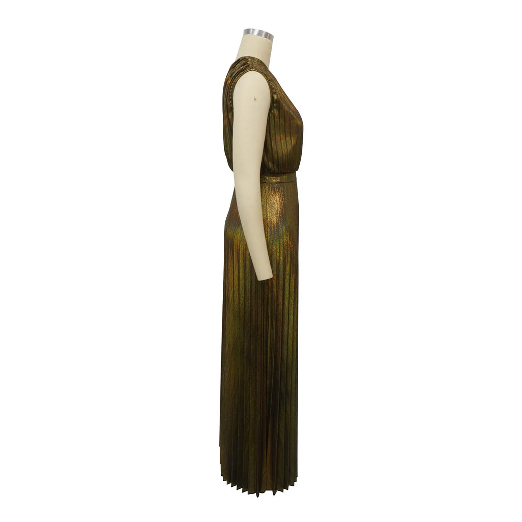 One Shoulder Metallic Pleated Maxi Dress Evening Gown