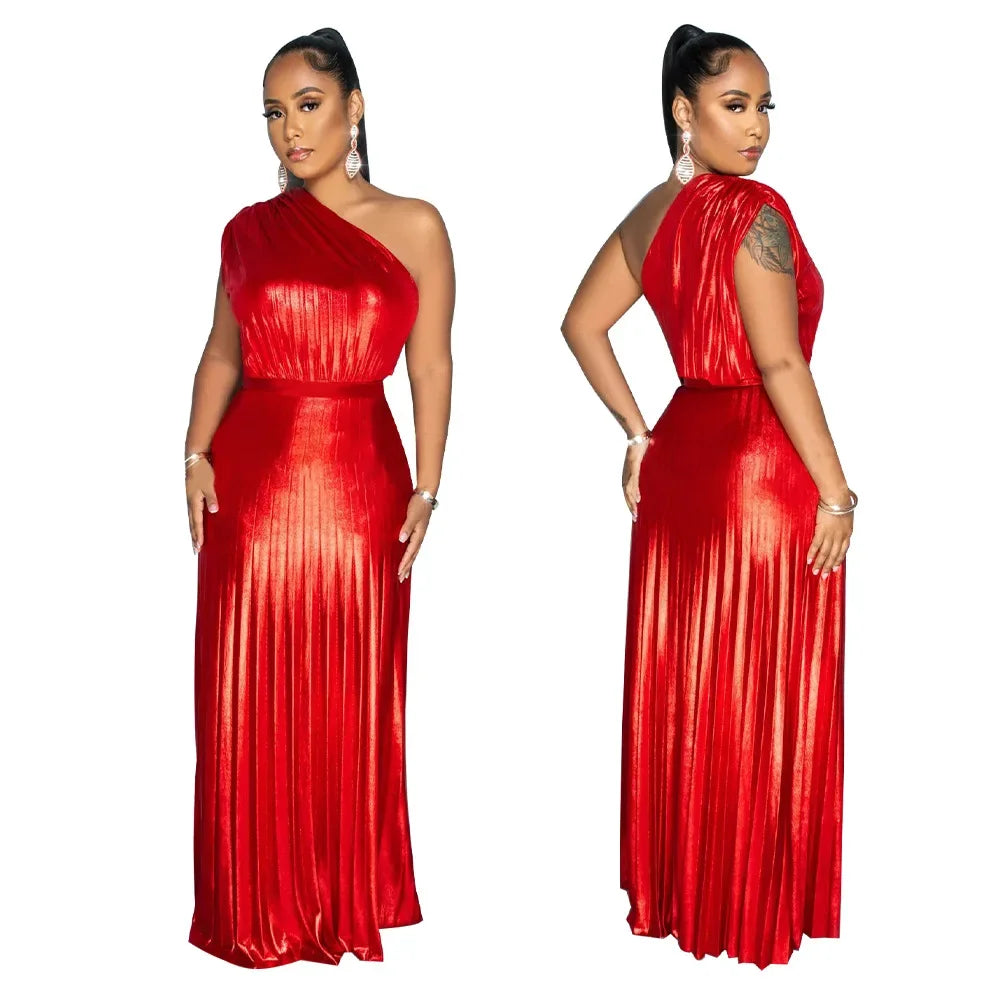 One Shoulder Metallic Pleated Maxi Dress Evening Gown