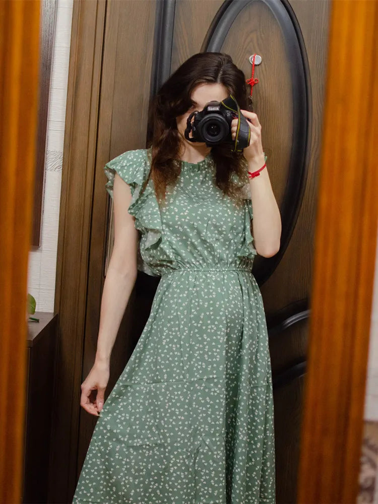 Chiffon Dot Print Butterfly Sleeve Dress With Ruffles