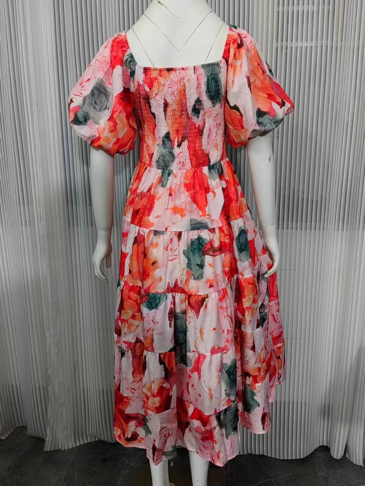 One Shoulder Summer Dress With Square Neck Lantern Sleeves