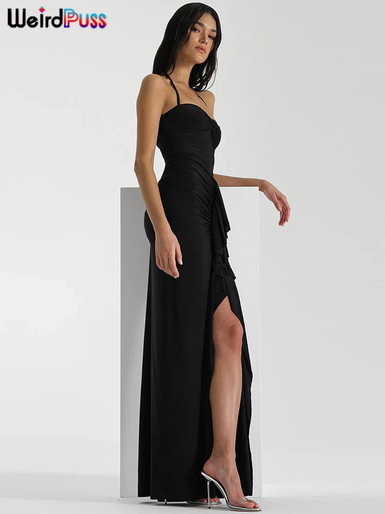 Peach Halter Backless Bodycon Dress With Tassel Ruched