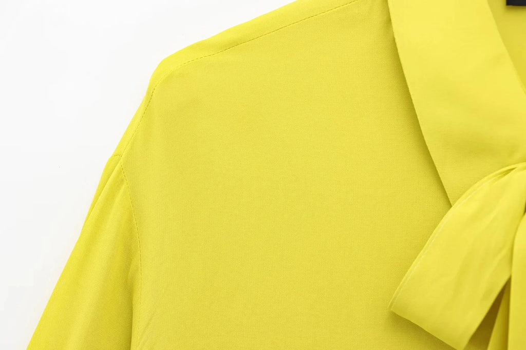 Yellow Chiffon Loose Fit Long Sleeve Shirt for Women with Bow Tie and Button Detail Casual Office Blouse