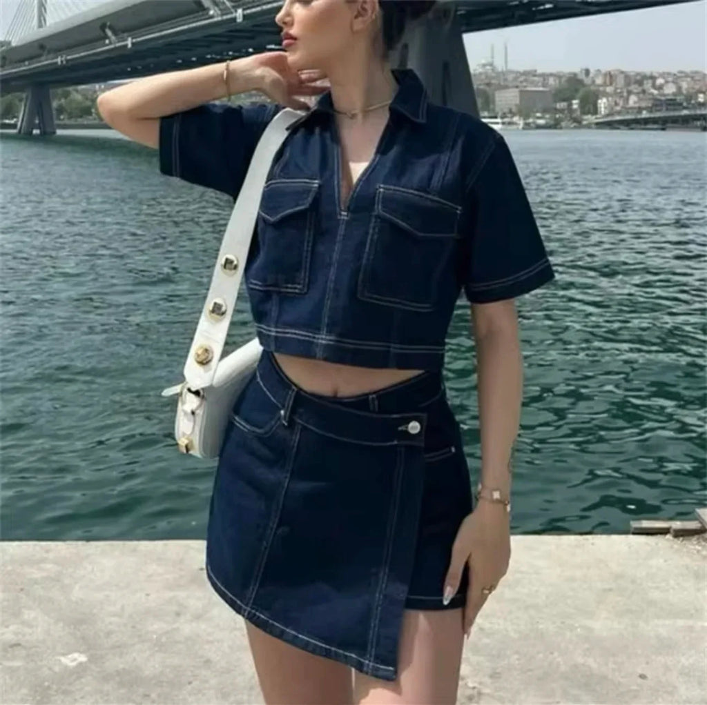Sexy V Neck Loose Fit Short Denim Top with Asymmetrical Culottes Two Piece Denim Suit for Women