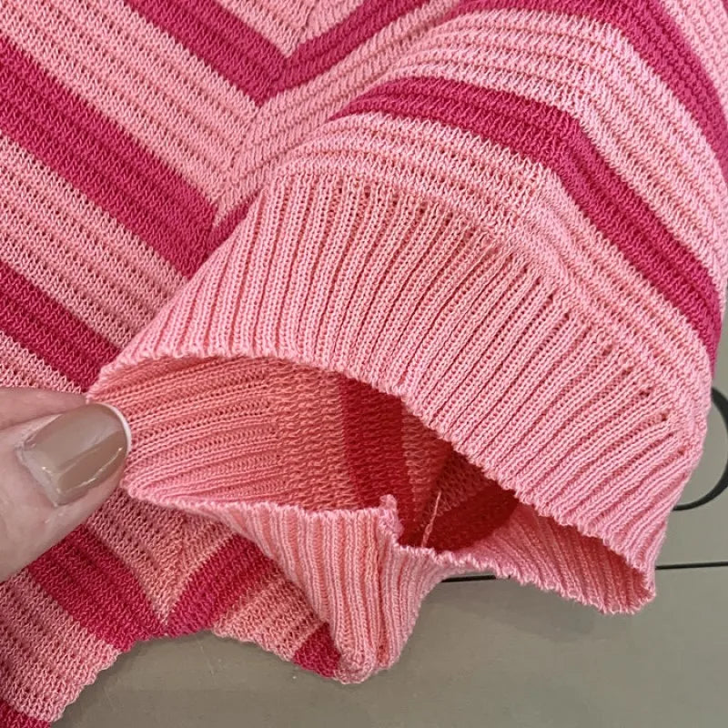 Summer Knit Bodycon Dress O Neck Short Sleeve Stripe Print