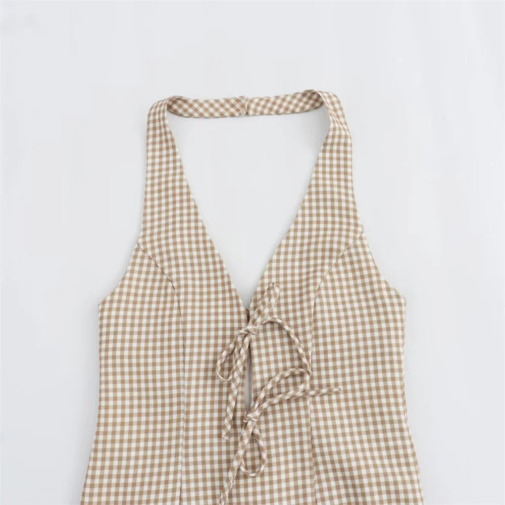 Chic Bow Checkered Dress With Hanging Neck Strap For Women