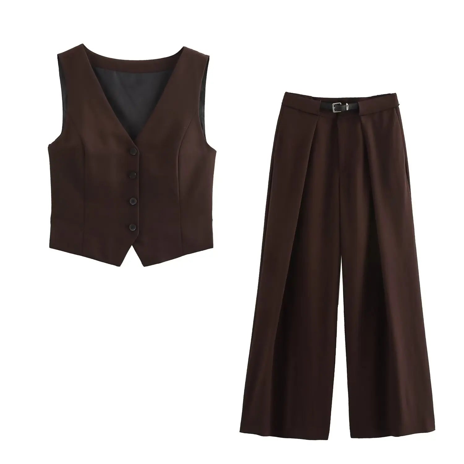 Women's 2 Piece Sleeveless V Neck Waistcoat Vest and High Waist Wide Leg Trousers Set